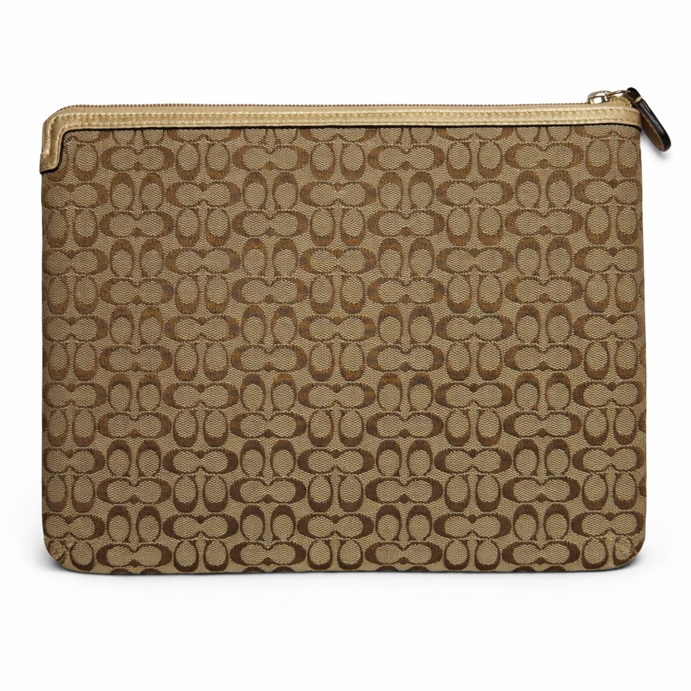 Coach Signature Tablet Sleeve Khaki Jacquard Gold Leather 8.25 x 10.35 - Picture 3 of 8